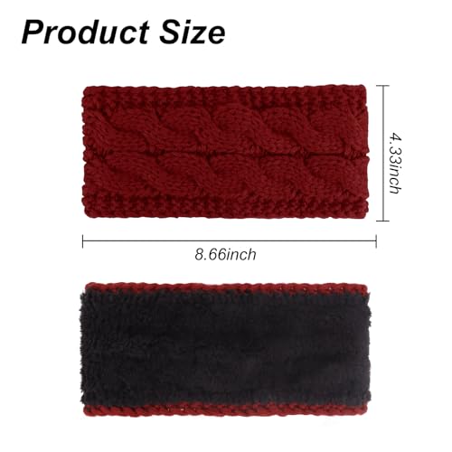 Araluky 4 Pack Women’s Winter Ear Warmers Knit Headbands - Cable Fleece-Lined for Ski, Running, Cycling, Daily Use - White, Red, Gray, Black