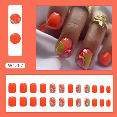 WLGDLH Design 1B1 24Pcs Orange Short Square Press On Nails with Colorful Flower Design
