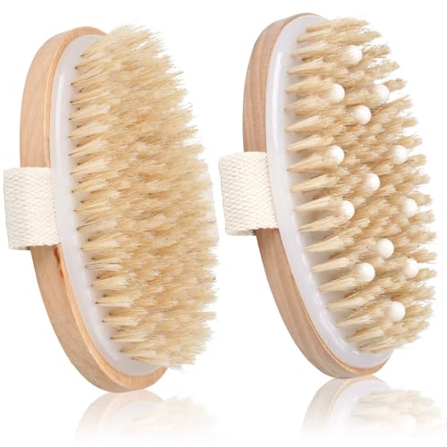 2-Pack Natural Bristle Dry Body Brush Set for Exfoliation & Lymphatic Drainage