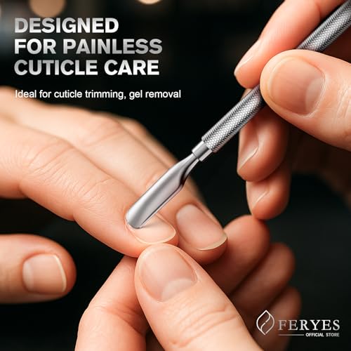 FERYES Professional Dual-Sided Cuticle Pusher & Remover Tool - 5.2 Inch Stainless Steel Nail Care for Salon & Home