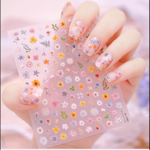 5D Embossed Dried Flower Nail Stickers - Daisy & Cherry Blossom Designs