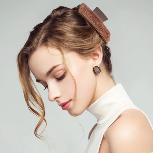 FRUSSONIA Sunflower Print Leather Claw Clips 4-inch Large Square Hairpins, Vintage Cowhide Hair Accessories, Set of 3 - Flower Variation