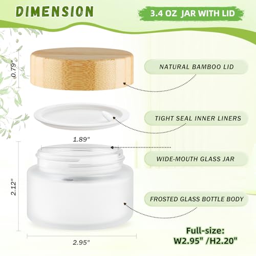 100ml Frosted Glass Bamboo Jars with Lid - 6 Pack for Cosmetics