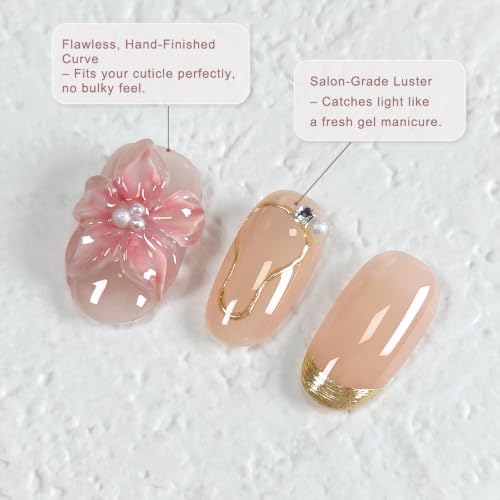 Short Oval Press on Nails - Nude Pink with 3D Floral Embellishments (S)