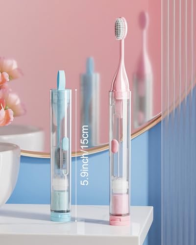 First-zgel Pink & Blue Travel Toothbrush Kit with Built-in Case & Refillable Toothpaste, Soft Bristles, Portable 2-Piece Set