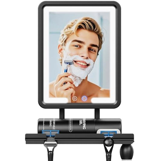 Heated Shower Mirror Fogless for Shaving (Gen 3) - 3 Colors Stepless Dimmable Lights, Anti-Fog Shaving Mirror with Razor Holder, No-Drilling, Removable - Black