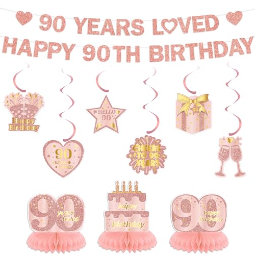 Rose Gold 90th Birthday Decorations Set for Women - 9 Pieces