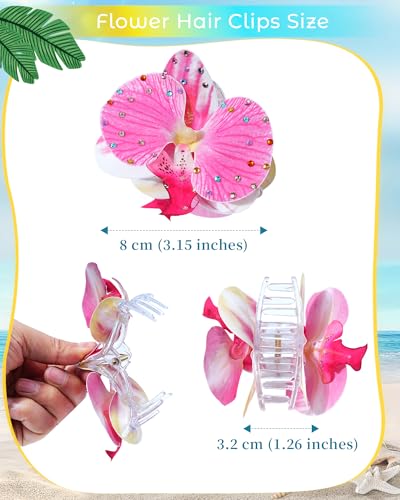 Hawaiian Flower Hair Claw Clips 4-Pack with Pink, Light Pink, Purple & Dark Purple Artificial Orchids