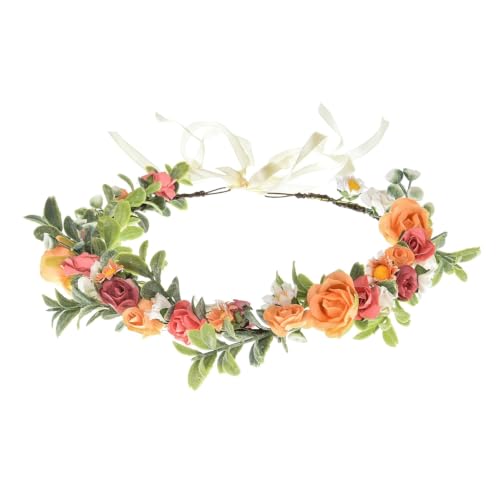 Boho Floral Wreath Headband - White Pink Orange Leaf Bridal Hair Crown