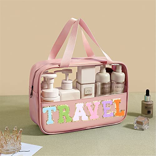 Clear Travel Makeup Bag with Chenille Letter Patch - Large Toiletry Tote