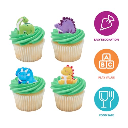 Dinosaur Cupcake Rings - 24 Pack Toppers for Birthday Parties