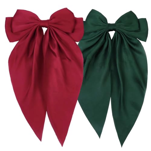 Christmas Hair Bows for Women - Red & Green Big Bow Clips, 2 Pack