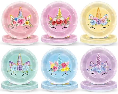 60PCS Unicorn Birthday Party Plates - Colorful 7-Inch Disposable Tableware