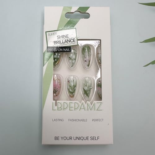 Green Almond Press-On Nails with 3D Pearl Rhinestones - 24 Pcs