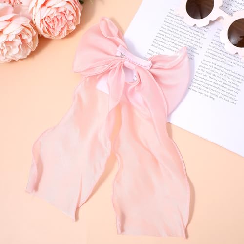 Large Pink Bow Hair Clip with Long Ribbon Tail for Women & Girls