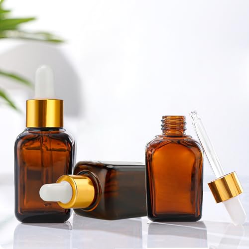 PYAWI 30ml Amber Square Dropper Bottles Pack of 12 with Gold Cap