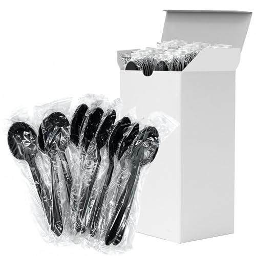 Heavy Duty Disposable Spoons - Individually Wrapped, 100 Pack, Black