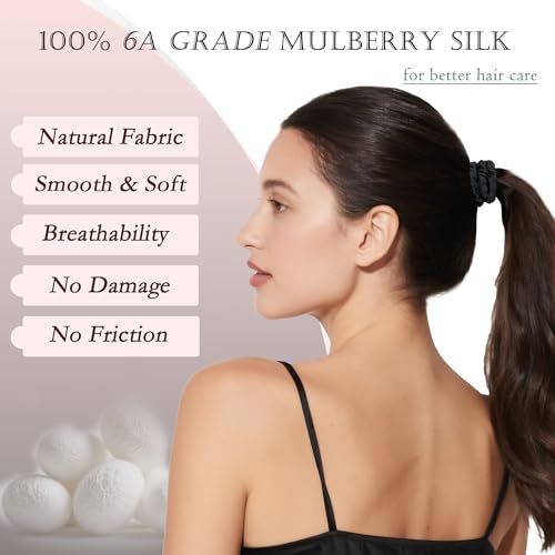 Feivea Black 6 Pack 22 Momme 100% Mulberry Silk Hair Ties Scrunchies Women