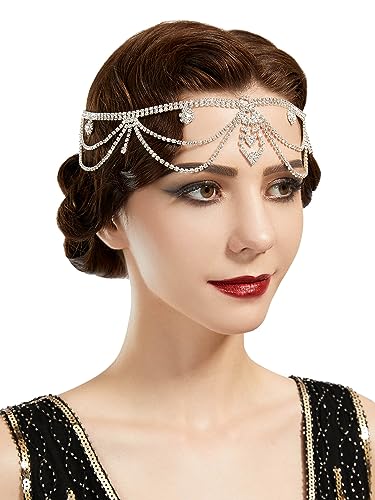 SWEETV Crystal Rhinestone Head Chain for 1920s Gatsby Wedding Party