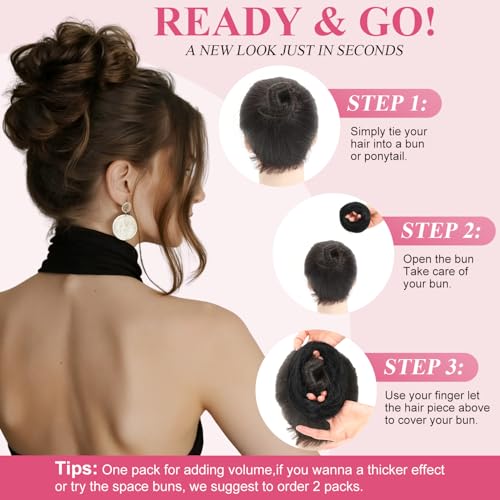 2Pcs Messy Bun Hair Piece - 100% Human Hair, Medium Brown/Dark Blonde #P4-27