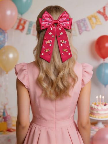NVENF Birthday Girl Hair Bow - Large Pink Satin Bow with Crystals & Pearls