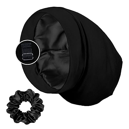 PARISBELLA Satin Lined Sleep Bonnet & Scrunchie One Size Black