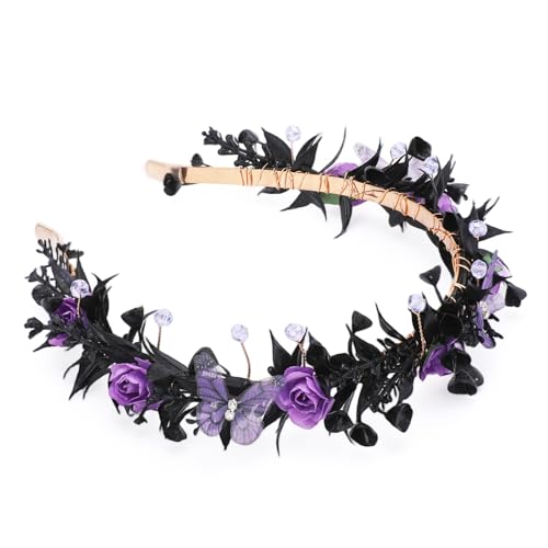 Black Fairy Flower Crown with Butterfly and Gothic Elf Design - KorViSHOW, Black Purple Variation