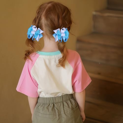 Blue & White Colorful Flower Hair Bow Clips 2.95 Inch Grosgrain Ribbon Hair Accessories for Girls - Handmade Cheer & School Style