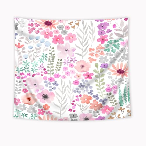 Purple Floral Tapestry - Watercolor Flowers Wall Hanging, 59x51 Inch