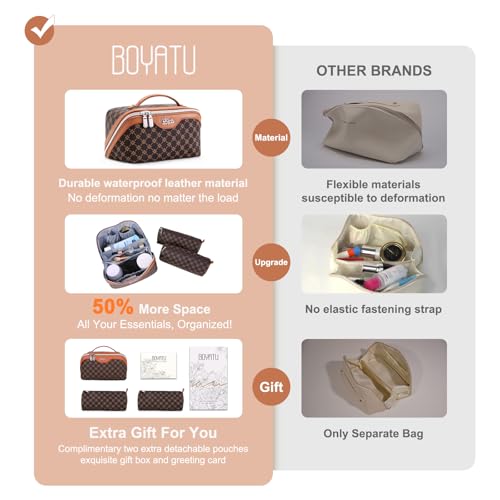 BOYATU Travel Makeup Bag Set - 3-Piece Cosmetic Organizer with Detachable Pouches, Vegan Leather, Large Capacity