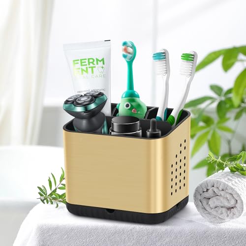 Brushed Gold Toothbrush Holder - 4 Slot Bathroom Organizer