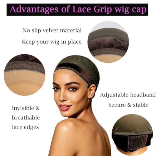 Prudenp Lace Edges Wig Cap with Grip Band Brown - Reusable No-Slip Adjustable Hair Cap