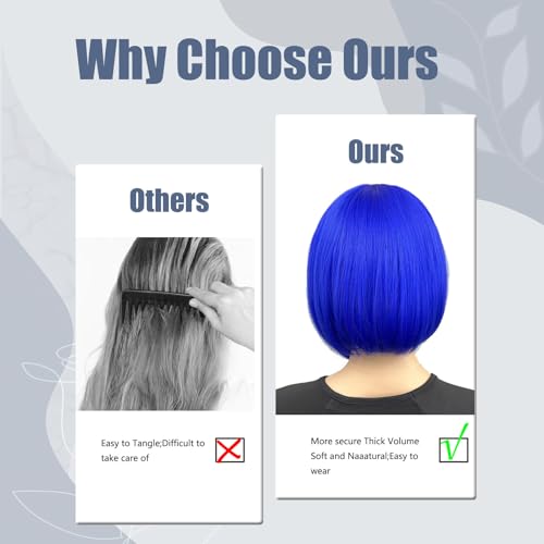 MIUSKATL 12 Inch Blue Short Bob Wig with Bangs – Elastic Fit Cosplay Hair