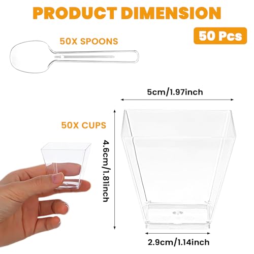 50 Pack 2 oz Clear Square Dessert Cups with Spoons - Mini Serving Bowls for Parties