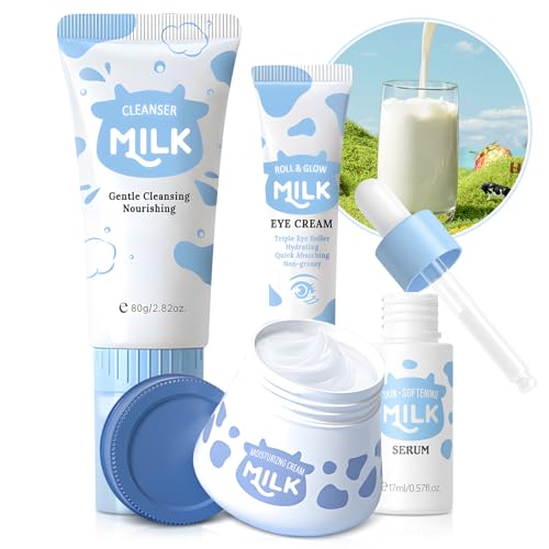 MIZEEYE 4Pcs Milk Skin Care Set for Teens - Cleanser, Serum, Cream & Eye Cream