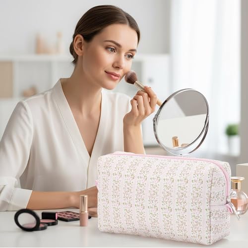 Paterr Quilted Makeup Bag, Pink Floral Cotton Cosmetic Pouch for Travel