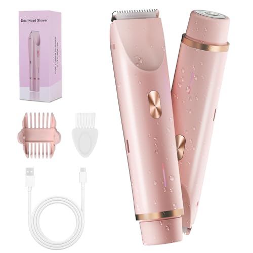 2-in-1 Bikini Trimmer for Women, Bikini Shaver with Dual Heads, Body and Facial Hair Removal, Rechargeable Cordless Electric Razors for Face Chin Pubic Underarm Legs, IPX7 Waterproof, Pink
