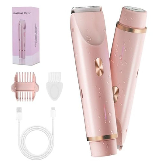 2-in-1 Bikini Trimmer for Women, Bikini Shaver with Dual Heads, Body and Facial Hair Removal, Rechargeable Cordless Electric Razors for Face Chin Pubic Underarm Legs, IPX7 Waterproof, Pink