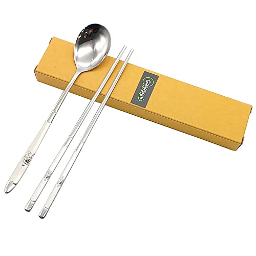 Korean Traditional Stainless Steel Spoon & Chopsticks Set - Silver Turtle