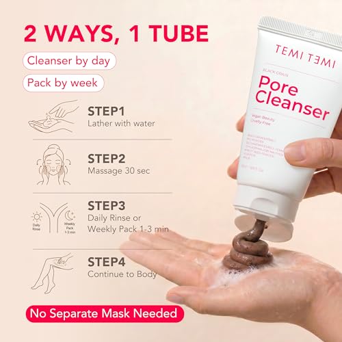 TEMI TEMI Black Grain Pore Cleanser 1 Fl Oz - Gentle Facial Scrub & Mask, Vegan Beauty