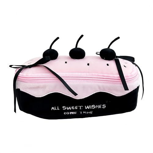 Corduroy Cherry Cake Pencil Case - Large Capacity Pouch, Black