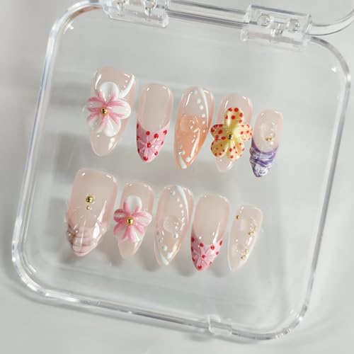 3D Floral Almond Press on Nails - Medium Length French Tip Style 3