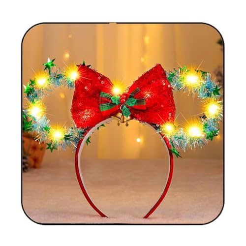 Catery Green Christmas Mouse Ears Headband with Light Up Bow for Women