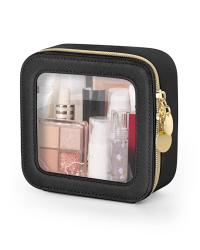 Soimeat Mini Clear Travel Cosmetic Bag - Waterproof Leather Toiletry Organizer, Black