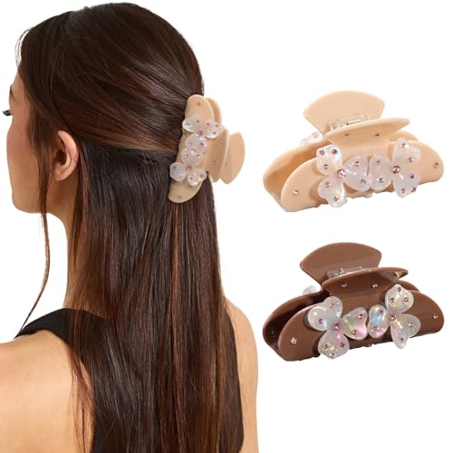 HAIMEIKANG Flower Acrylic Hair Claw Clips for Women - 3.54” Medium, Non-Slip, Strong Hold, Stylish Accessory, Coffee+Khaki Set