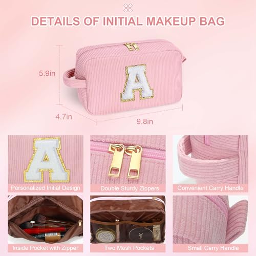 YOOLIFE Pink Corduroy Makeup Bag for Women Teens - Travel Toiletry Bag with Zippers, Inner Pockets, Handle - Gift Idea (Variation: Pink / M)