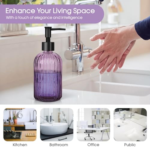 Topsky 2 Pack Purple Glass Soap Dispensers with Black Plastic Pump, 400ml Liquid Hand Soap Dispenser for Kitchen & Bathroom