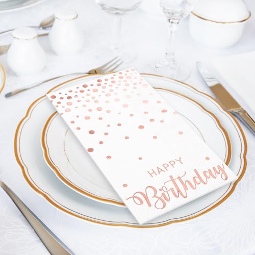 50 Pcs Rose Gold Foil Birthday Guest Napkins - Disposable Party Supplies