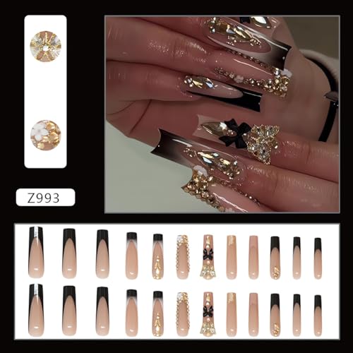 LPOODDNU Design1 Long Square French Tip Press-On Nails with 3D Butterfly & Rhinestones – Reusable Fake Nails for Women