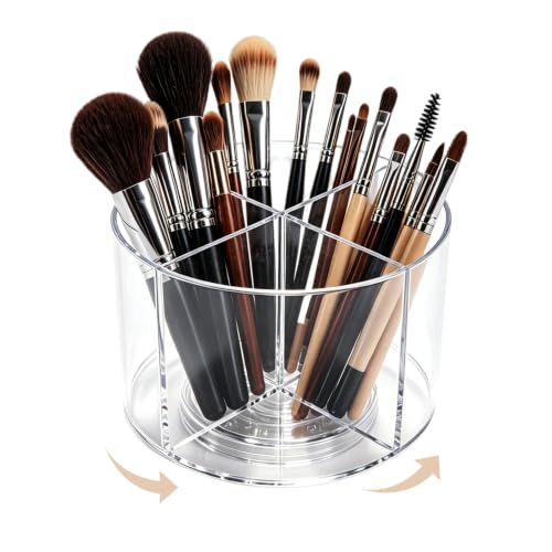 HALAGAS Round 6in Acrylic Makeup Brush Holder, 4-Slot 360° Rotating Organizer